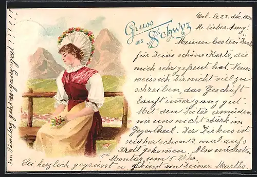 Lithographie Dame in schweizer Tracht auf einer Bank