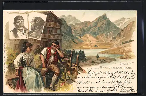 Lithographie Junges Paar in appenzeller Trachten