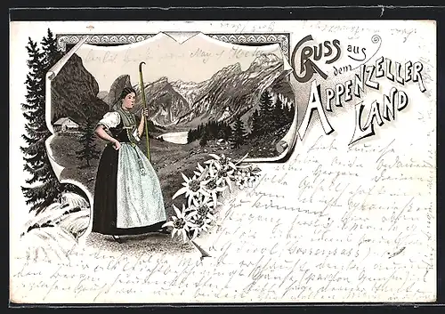 Vorläufer-Lithographie Frau mit Stock in Appenzeller Trachten, 1895