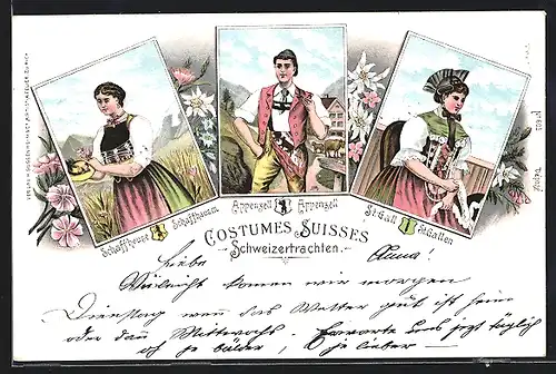Lithographie Schweizer Bürger in Trachten aus Appenzell, Schaffhausen und St. Gallen
