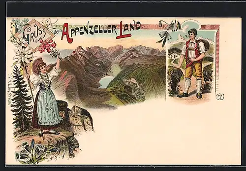 Lithographie Mann und Frau aus dem Appenzeller Land in Trachten