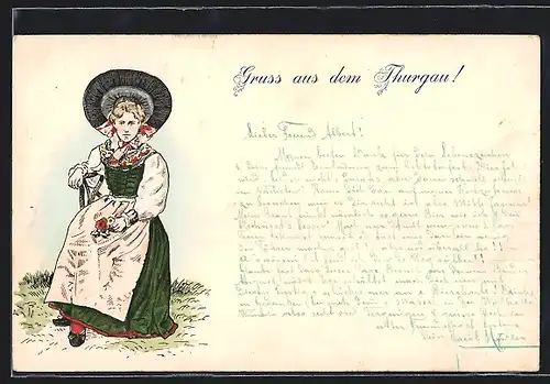Präge-AK Schweizerin in Tracht aus Thurgau
