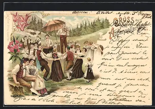 Lithographie Gruppe in Trachten auf einem Fest, Appenzellerland