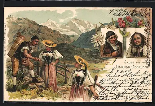 Lithographie Männer und Frauen aus dem Berner Oberland in Trachten