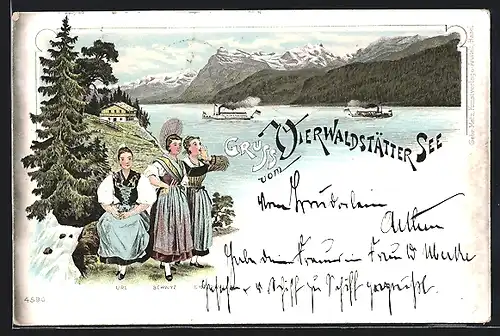 Lithographie Rütli, Vierwaldstättersee, Frauen in Trachten