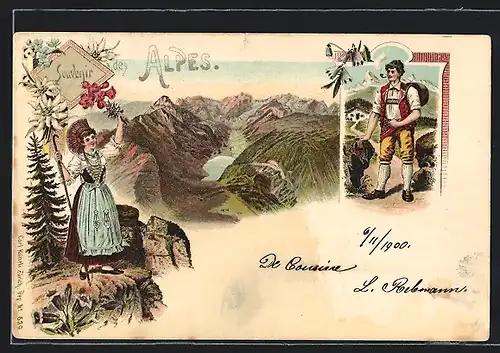 Lithographie Dame und Wanderer in schweizer Trachten grüssen sich