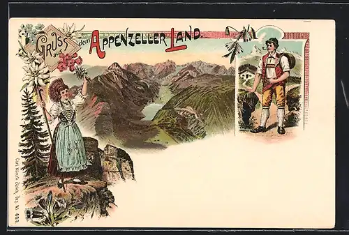 Lithographie Mann und Frau aus dem Appenzeller Land in Trachten