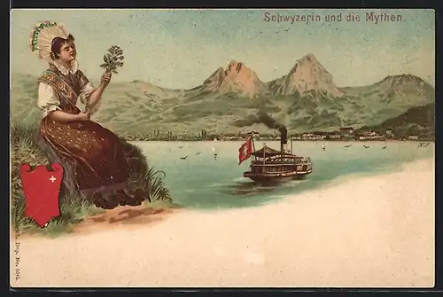 Lithographie Schwyzerin in Tracht und die Mythen, Dampfer