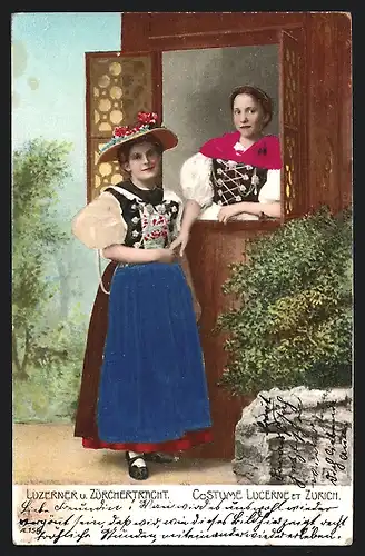 Präge-AK Schweizer Damen in Luzener und Zürchertracht
