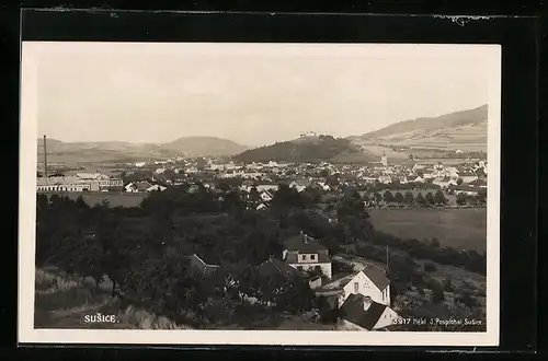 AK Susice, Ortsansicht mit Burg im Hintergrund