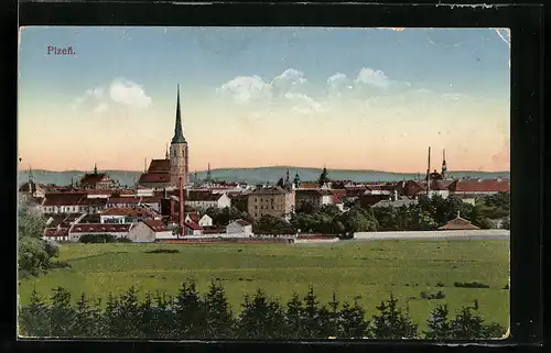 AK Plzen, Teilansicht mit Kirche