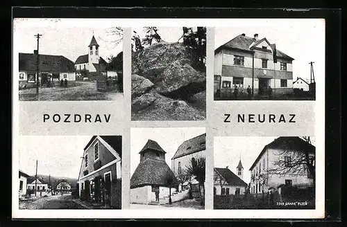 AK Neurazy, Strassenpartie mit Kirche und Geschäft, Bürgerhäuser