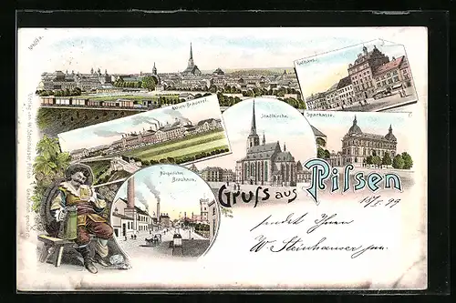 Lithographie Pilsen, Bürgerliches Brauhaus, Aktien-Brauerei, Stadtkirche, Sparkasse, Rathaus