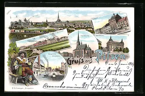 Lithographie Pilsen /Plzen, Gasthof Bürgerliches Bräuhaus, Aktien-Brauerei, Sparkasse