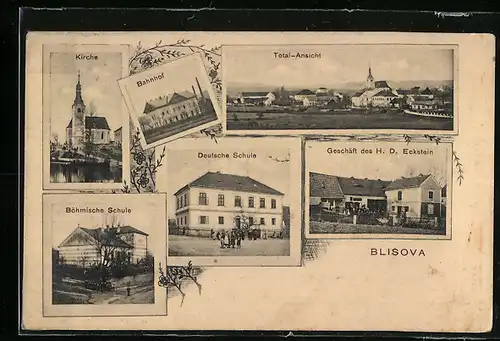 AK Blisov, Böhmische Schule, Deutsche Schule, Geschäft des H. D. Eckstein, Bahnhof