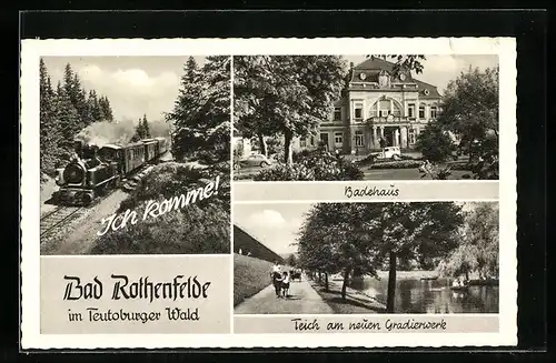 AK Bad Rothenfelde, Badehaus, Teich am neuen Gradierwerk und Eisenbahn