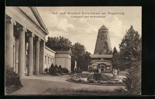 AK Bad Salzelmen bei Magdeburg, Lindenhof und Soldunsthalle