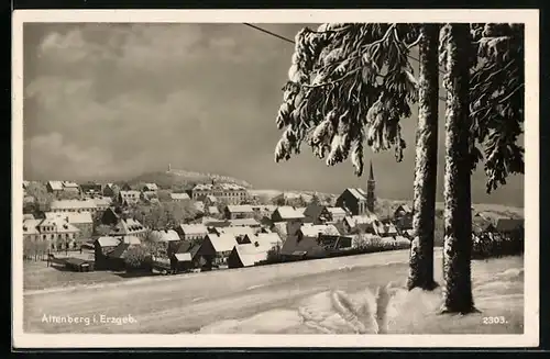 AK Altenberg, Blick zum Ort im Winter