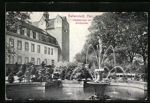 AK Ballenstedt / Harz, Schlossterrasse mit Springbrunnen