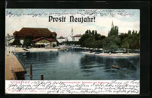 AK Konstanz, Conciliumgebäude, Bootshafen & Stadtgarten