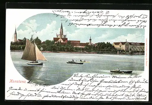 AK Konstanz, Uferpartie mit Kirche und Segelboot