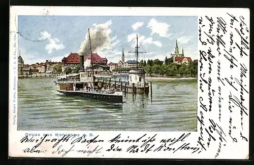 AK Konstanz a. B., Uferpartie mit Kirche und Dampfer