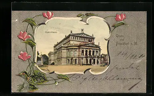 Passepartout-Lithographie Frankfurt a. M., Opernhaus, Blumen