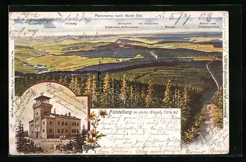 Künstler-AK Fichtelberg i. sächs. Erzgeb., Unterkunftshaus, Panorama nach Nord-Ost mit Pöhlberg, Weipert u. Neudorf