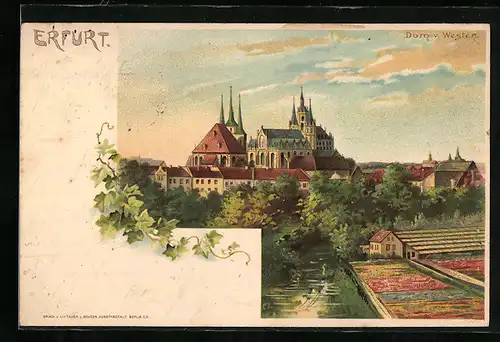 Lithographie Erfurt, Teilansicht mit Dom v. Westen