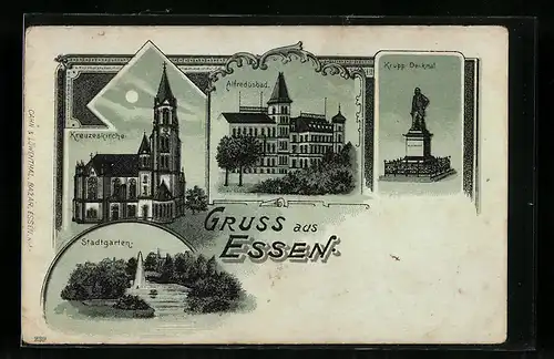 Mondschein-Lithographie Essen, Alfredusbad, Stadtgarten, Krupp-Denkmal