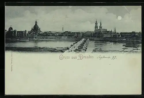 Mondschein-AK Dresden, Stadtpanorama mit Elbbrücke