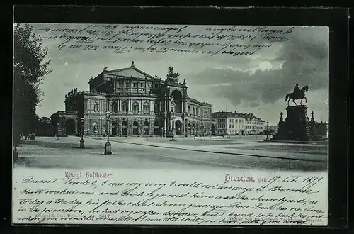 Mondschein-AK Dresden, Königliches Hoftheater mit Strasse und Denkmal