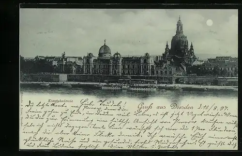 Mondschein-AK Dresden, Kunstakademie und Frauenkirche, vom Wasser gesehen