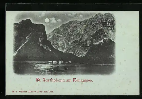 Mondschein-AK St. Bartholomä, Königsee-Partie mit Boot