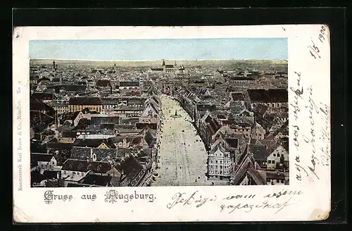 Goldfenster-AK Augsburg, Ortsansicht mit Strasse aus der Vogelschau, mit leuchtenden Fenstern