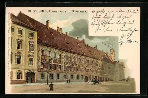 Lithographie Augsburg, Fuggerhaus und Hotel 3 Mohren