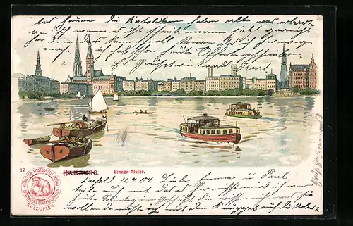 Lithographie Hamburg, Binnen-Alster mit Booten und Blick auf die Stadt