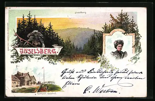 Lithographie Inselsberg, Gothaer Gasthof und Frau in Tracht