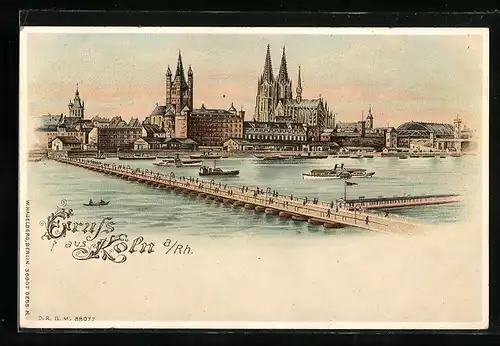 Lithographie Köln, Stadtpanorama mit Brücke und Dampfern