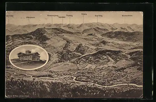 Künstler-AK Eugen Felle: Meiningen i. Thür., Panorama mit Dolmar und Umgebung, Schutzhaus Charlottenhaus