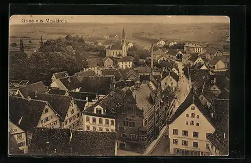 AK Messkirch, Teilansicht mit Strassenpartie und Geschäften aus der Vogelschau