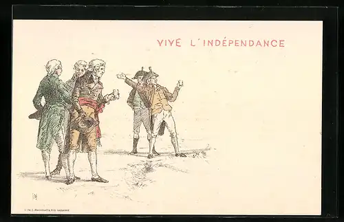 Lithographie Schweiz, Vive l`Indépendance, Herren in altertümlicher Kleidung