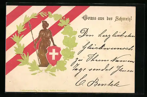 Präge-AK Helvetia im Blätterkranz mit Wappen