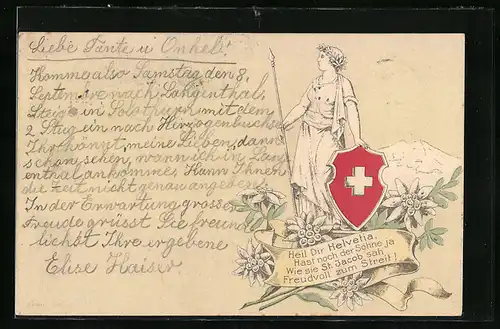 Präge-AK Helvetia mit Speer und Wappen