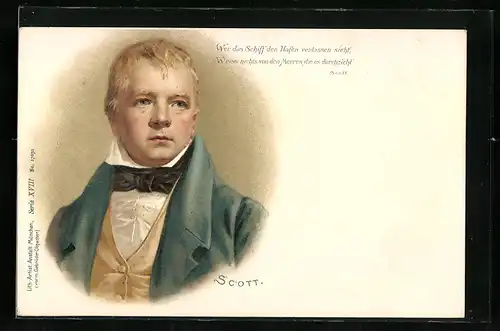 Lithographie Scott, Wer das Schiff den Hafen verlassen sieht..., Portrait und Zitat