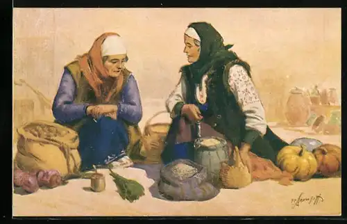 Künstler-AK P. P. Morosoff: Causerie, bulgarische Marktfrauen