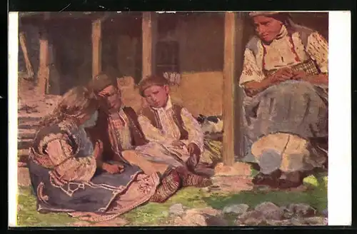 AK Frau und Kinder-Trio in bulgarischer Tracht