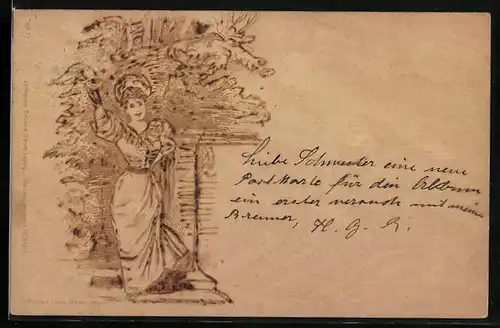 Holzbrand-Imitations-AK Winkende elegante Dame