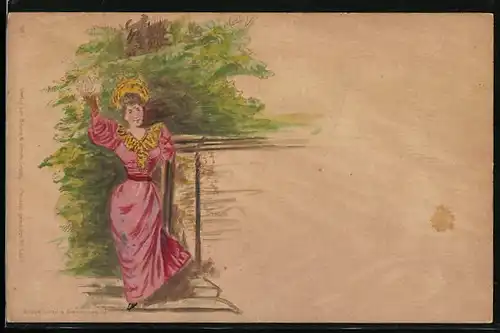 Holzbrand-Imitations-AK Elegante Dame, mit einem Taschentuch winkend