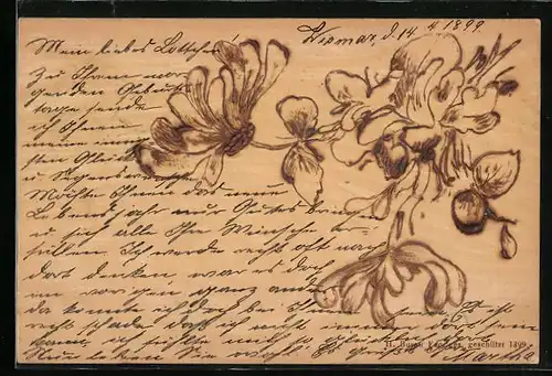 Holzbrand-Imitations-AK Hängende Blütenzweige